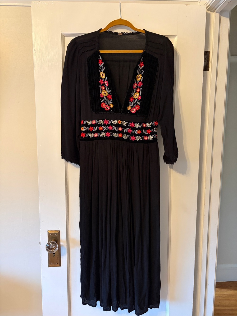 Free People Black Long Sleeve Midi Dress with Red & Pink Floral Embroidery